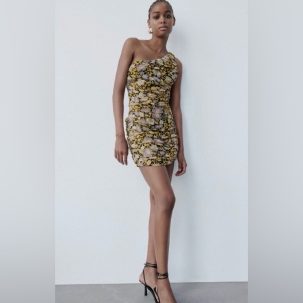 Zara One Shoulder Metallic Floral Ruched Mini Dress NEW!